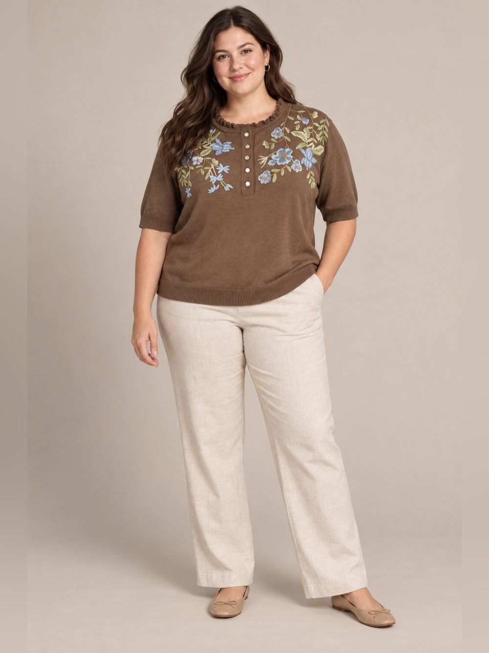Chico’s Embroidered Henley Pullover Sweater Brown Floral Short Sleeve Size 3 XL